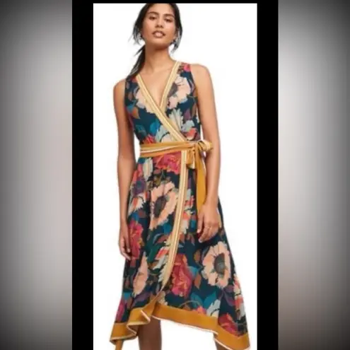 Maeve Anthropologie Botanical Floral Faux Wrap Dress Handkerchief Midi Boho