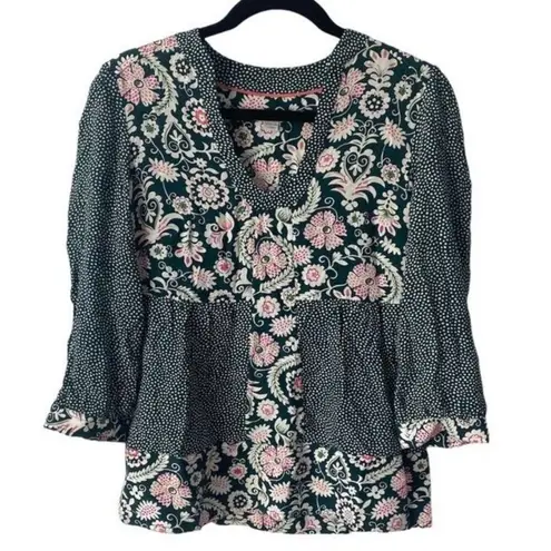 Boden Mollie Green Pink Floral Print Arabesque Block Top Blouse Size 4