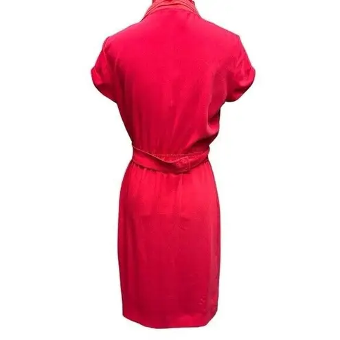 T Tahari Red & Coral Dress Belt Ruffled Collar V Neckline Size 6
