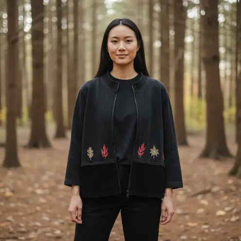 VTG 90s Y2K Onque Black Full Zip Jacket Embroidered Cabin & Fall Leaves Sz Large