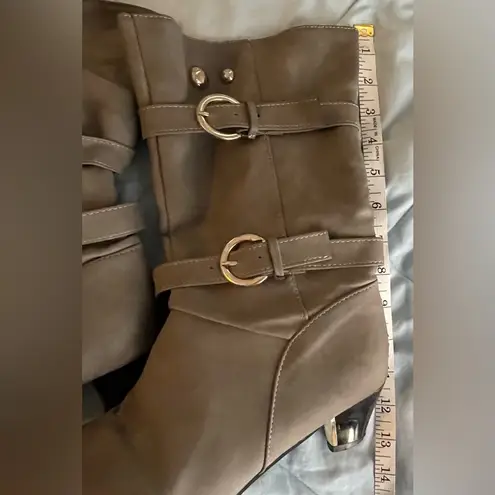 Women Gray Faux Suede Heeled Boots with Slouchy Design and Silver Buckles Size undefined