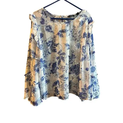 G by Guillana Women's 2XL Blue Floral Ruffle Blouse Casual Top shear Size 2X