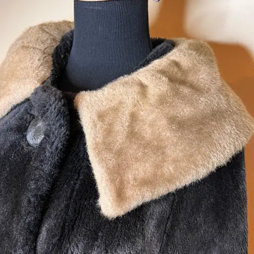 VTG 50s/60s Womens Coat Sz L Fur Black Brown Midi Large Collar Mad Men Retro