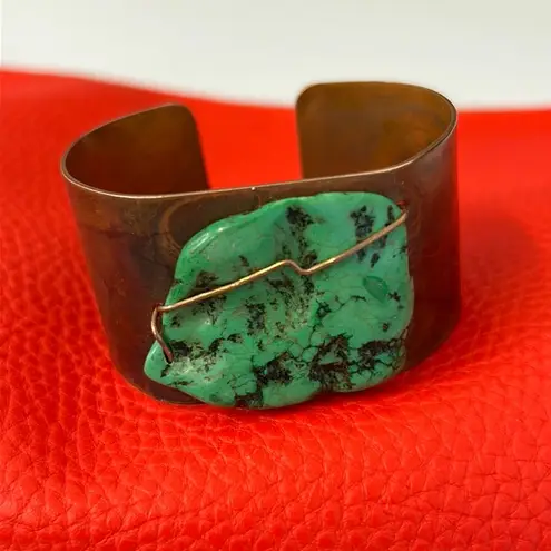 Hand Crafted Artisan Copper Cuff Bracelet with Turquoise Stone Centerpiece