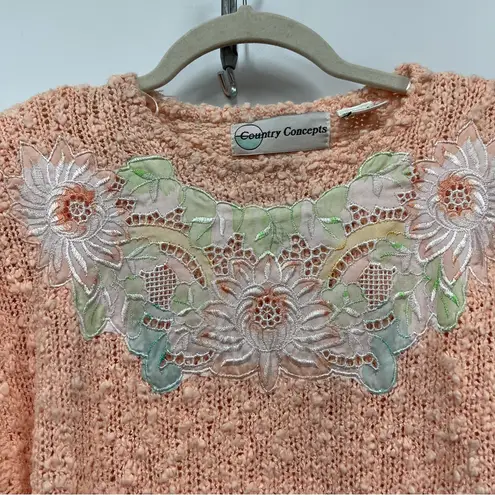 Vintage 80’s M peach Knit short sleeve Sweater Floral Embroidery Orange Size M