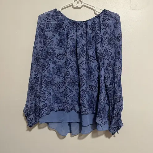 Majorelle  Blue Patterned Blouse with Tassel Tie Neckline Size Small