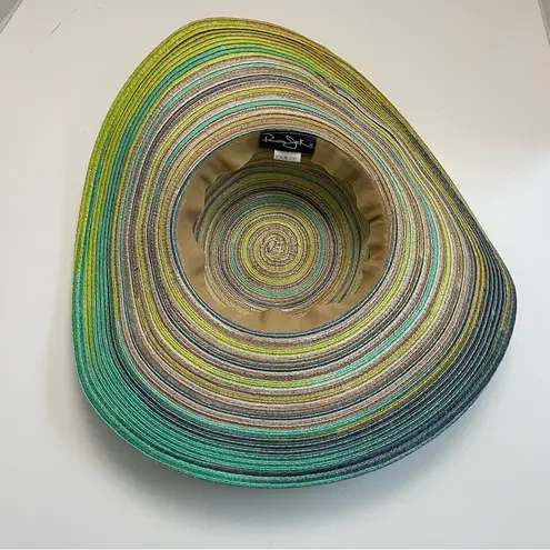 Panama Jack Hat Sun Straw Paper Wide Brim Beach Travel Striped Green Yellow Grey