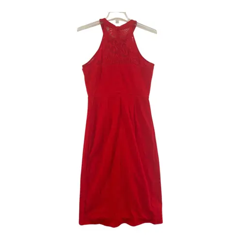 Red Lace Halter Midi Dress BBonfinedress Ruched Tulip Hem Cocktail Womens M NWOT Size M