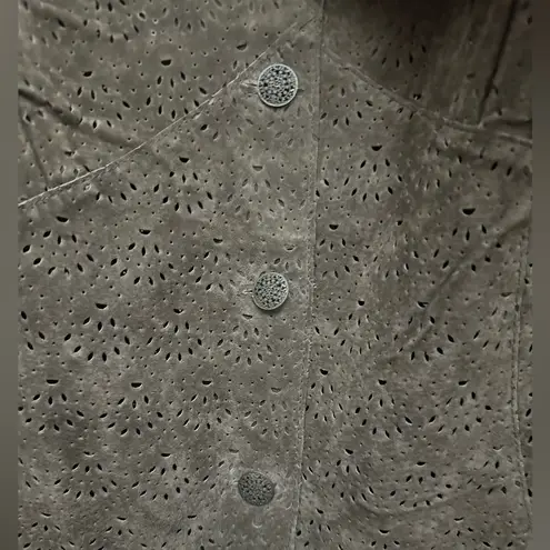 Coldwater Creek Suede Leather Jacket Size 2X Eyelet Ruffle Neck Y2K Boho Green