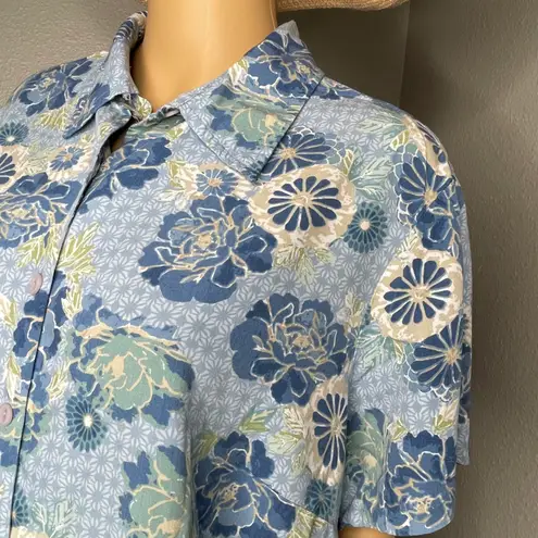 Emma James Short Sleeved Button Down Floral Design Shirt Blue White Size 20W