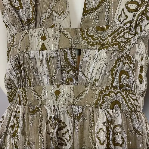 ABS Allen Schwartz A.B.S. Allen Schwartz Silk Dress Halter Deep V-Neck Cut-Out Metallic Thread Sz 8