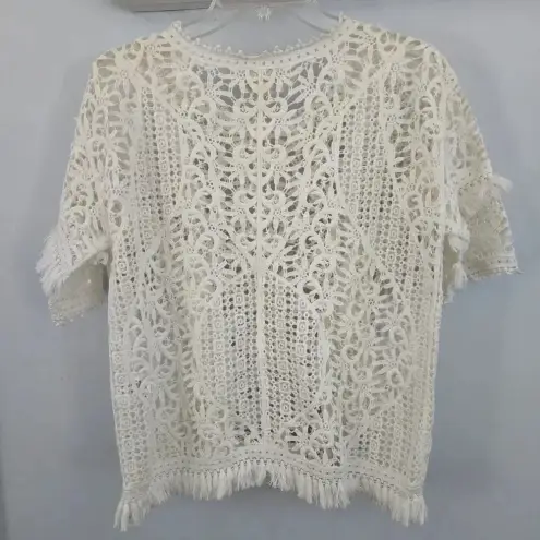 Yoana Baraschi Anthropologie  Top White Lace‎ Crochet Fringe Trim Short Sleeve S