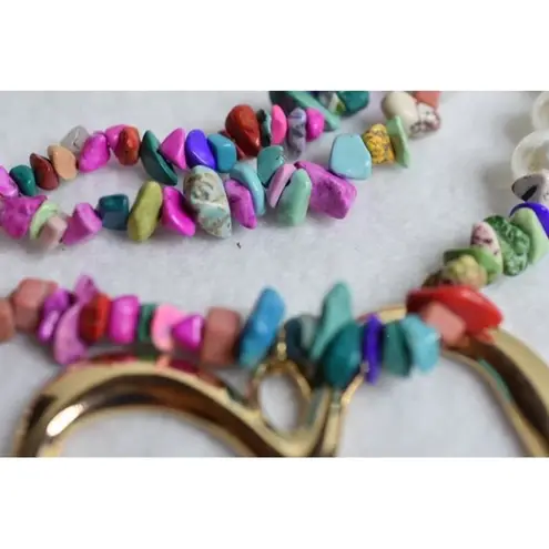 Boho Funky Statement Heart Gold Tone Colorful Stacked Stone Faux Pearl Necklace