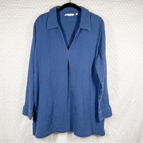 Soft Surroundings Blue Key Biscayne Muslin Cotton Popover Tunic Top
