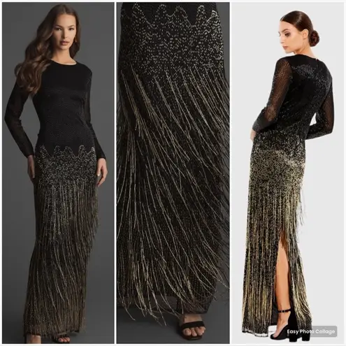 Mac Duggal 93584 Long Sleeve Beaded Fringe Evening Gown Dress