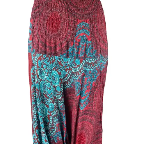 Women's Red Blue Floral Smocked Drapey Tapered Jogger Harem Pants One Size Size undefined