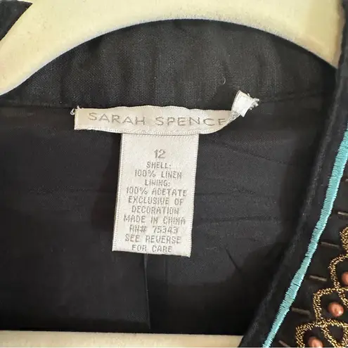 Sarah Spencer Black Linen Beaded Blazer Women’s 12 Shirt Boho