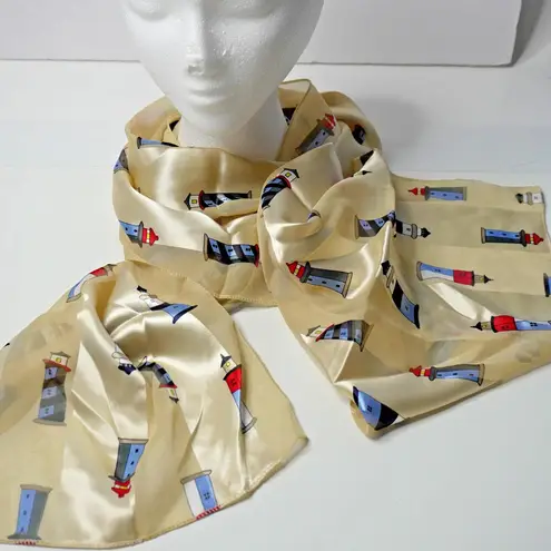 Vintage Cream Lighthouse Novelty Scarf Shiny Satin Nautical Made in Korea Gift