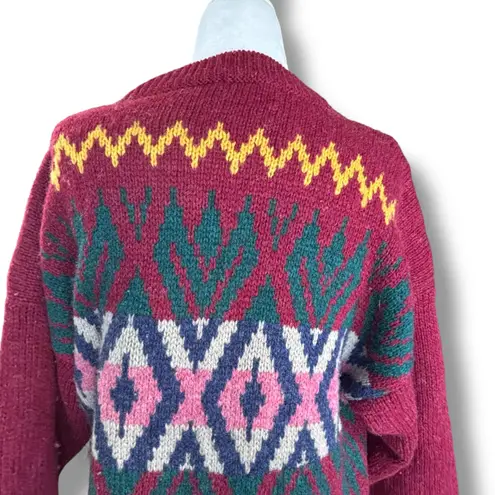 Vintage Benetton Shetland Wool Sweater Colorful Southwest Geometric Knit Cropped Red Size M
