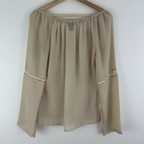 MILANO Vintage 90s Creme Beige Coquette Lace Wide Sleeve Semi Sheer Flowy Blouse Tan Size M