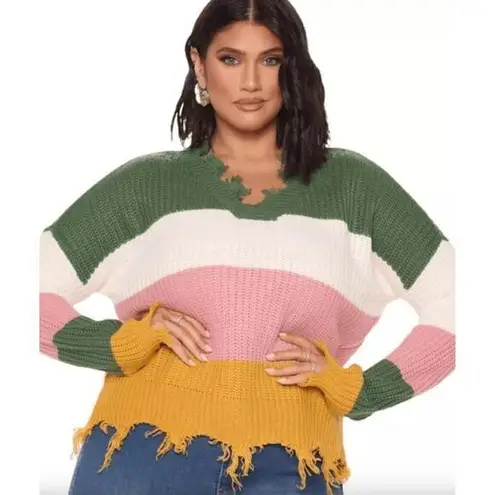 Full Circle Trends V-Neck Striped Color Block Frayed Sweater Size 3X NEW Casual
