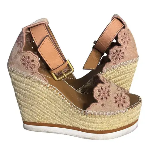 See By Chloe Sandals Laser Cut Suede Jute Espadrilles Leather Ankle Straps