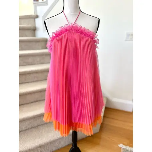Amur NWT Tate Hot Pink & Orange Pleated Tulle Halter Mini Dress