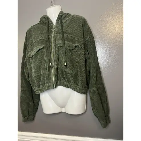 American Bazi Jacket Womens 1X Green Corduroy Hooded Zip Cropped Flap Pockets