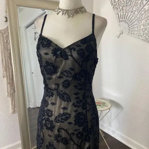 Early 2000's Romantic Goth Whimsygoth Floral Beaded Black Nude Prom Dress M / 8 Size M