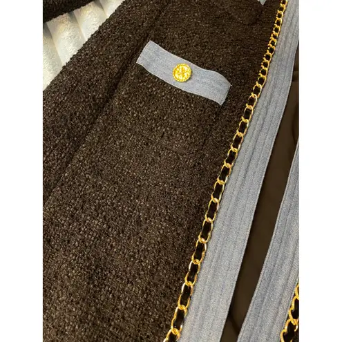 EDWARD ACHOUR PARIS Tweed Chain Trim Blazer Light Blue Trim Gold Buttons size S Brown