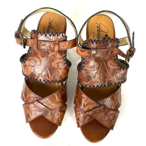 Patricia Nash Viola Brown Floral Printed Leather Wood Block Heel Sandals Sz 10