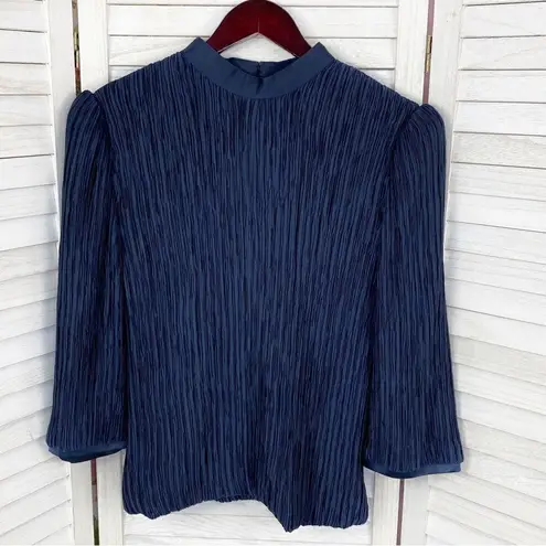 Vintage Pierre Labiche Plisse Satin Scrunch Pleated Puff Sleeve Blouse Blue 16 Blue