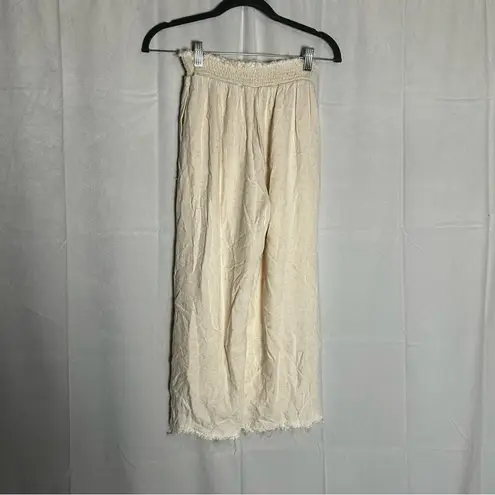 Solai the Label Cream Linen Rayon Raw Hem Elastic Waist Wide Leg Flowy Pants S