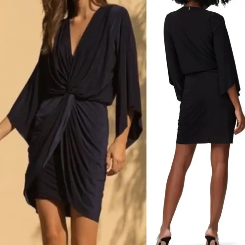 MISA Los Angeles Teget Draped Twist Front Bell Sleeve Mini Dress: Navy Blue