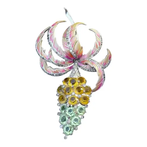 Vintage 1940's Marcel Boucher Grape Brooch Crystal Rhinestone Enamel Pin Pink