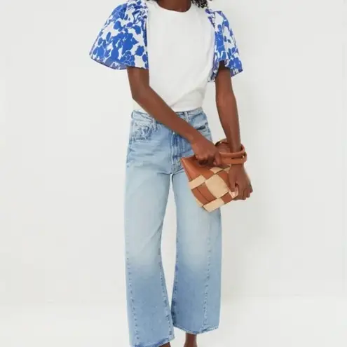 Hyacinth House x Tuckernuck Blue Floral Mollie Short Sleeve Blouse Cotton XL White