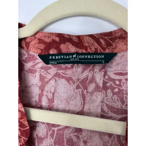 Peruvian Connection Floral Boho Tunic Dress Red Viscose Pintuck Peasant S