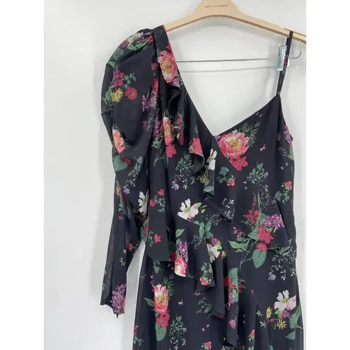 Amur Pasqualena Black Floral Print One Shoulder Ruffle High Low Dress Size 6