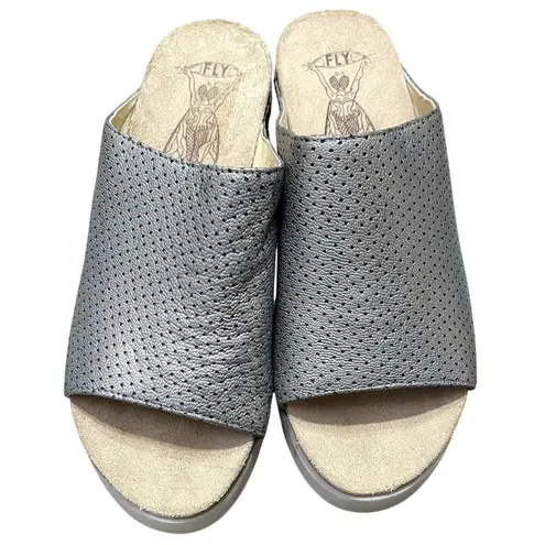 Fly London Whin Wedge Sandals Clogs Silver Metallic Size 41 (10-10.5) Minimalist