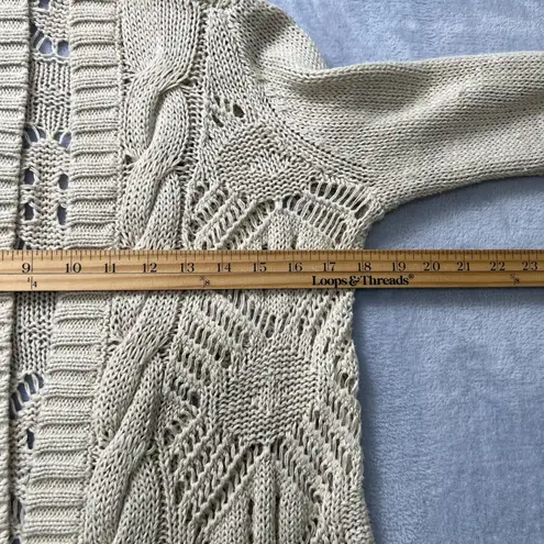 Garnet Hill Open Knit Cardigan Sweater Medium Beige Cotton Linen Blend Boho