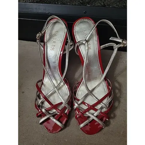 Ralph Lauren  Berdy Red/silver Metallic Strappy Patent Leather Wedge Heels Sze 10