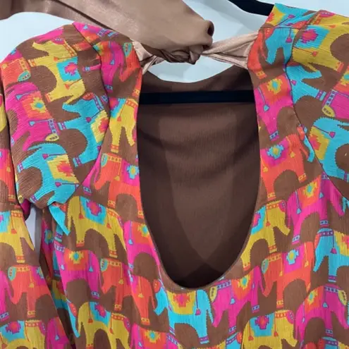 Judith March Elephant Print Bell Sleeve Tie Back Shift Dress Tunic Size SMALL