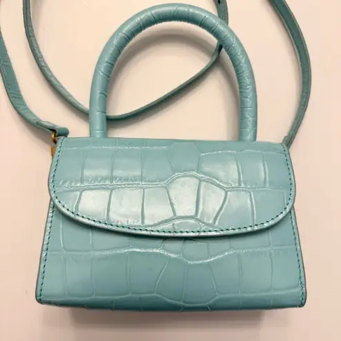 By Far Mini Croco Embossed Top Handle Bag Purse Light Blue Crossbody Leather