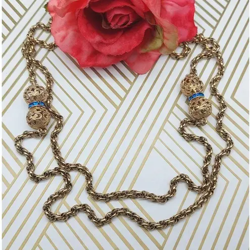 Long Gold Tone Pull Over Thick Twisted Chain Necklace Filigree Ball Blue Crystal