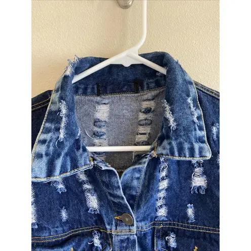 Thrill Jeans Distressed Trashed Destroyed Fringe Denim Jean Jacket No Tags READ Blue - Image 6