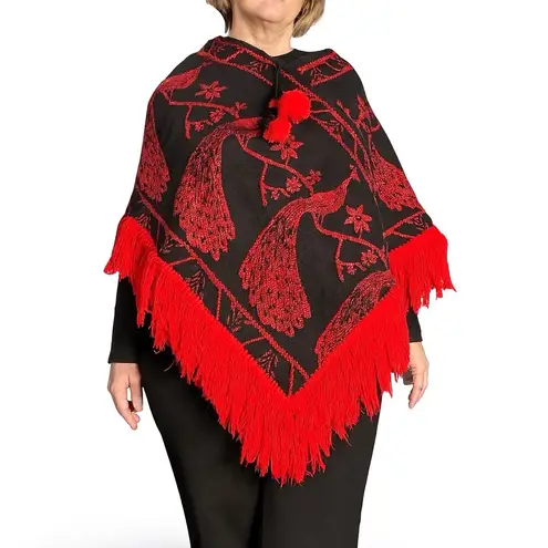 Vintage Black Red Peacock Fringe Shawl Poncho Boho Statement Holiday Topper Size M