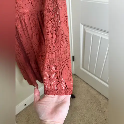 Molly Bracken Terracotta Rust Lace Tiered Dress with Sheer Sleeves Size M