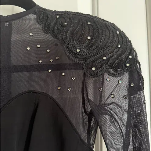 Tadashi Shoji Vintage Tadashi Black Sheer Mesh Sleeves Beaded Shoulder Bodycon Dress Size XS–S