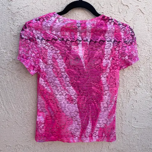 Collina Strada Sequin Cardio Lace Shrunken T-shirt Hot Pink Butterflies size S