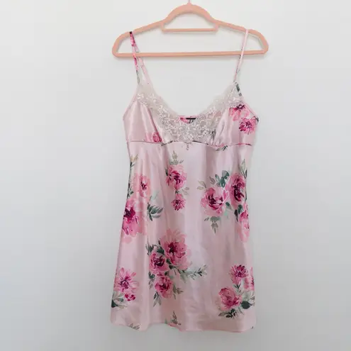 Y2K Floral Slip Dress Womens Size M Pink Satin Lace Mini Cami Cottage Coquette Size M